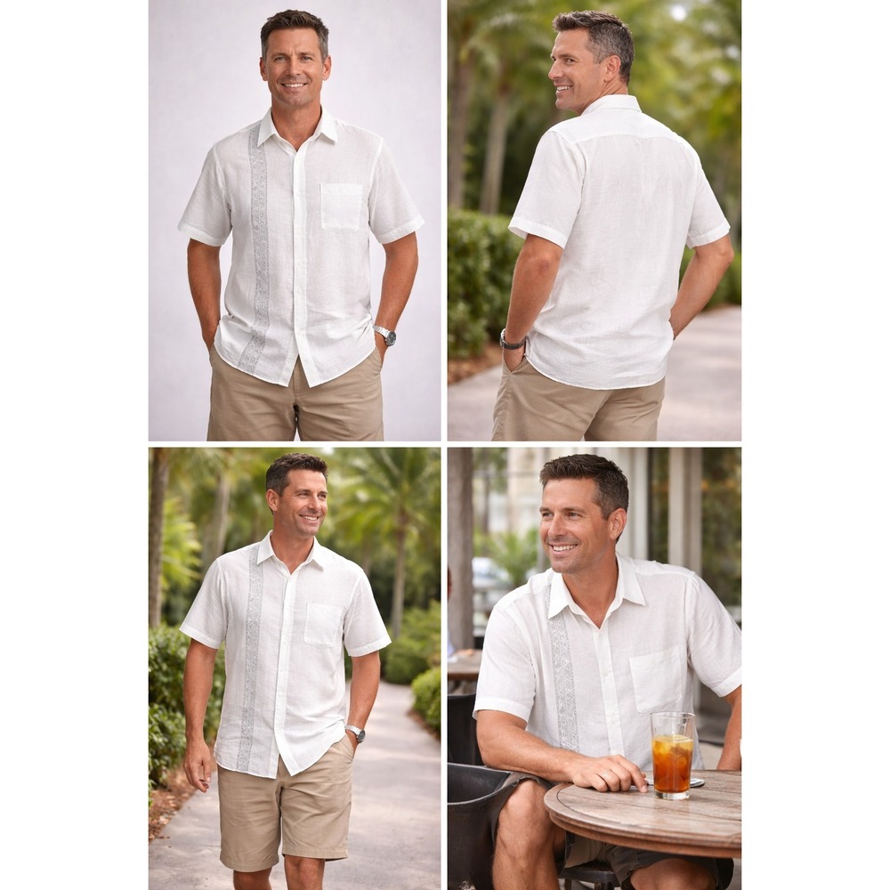 Weekender Button Up Shirt Mens Sz L 100% Linen‎ White Palm Golf Tropical Resort